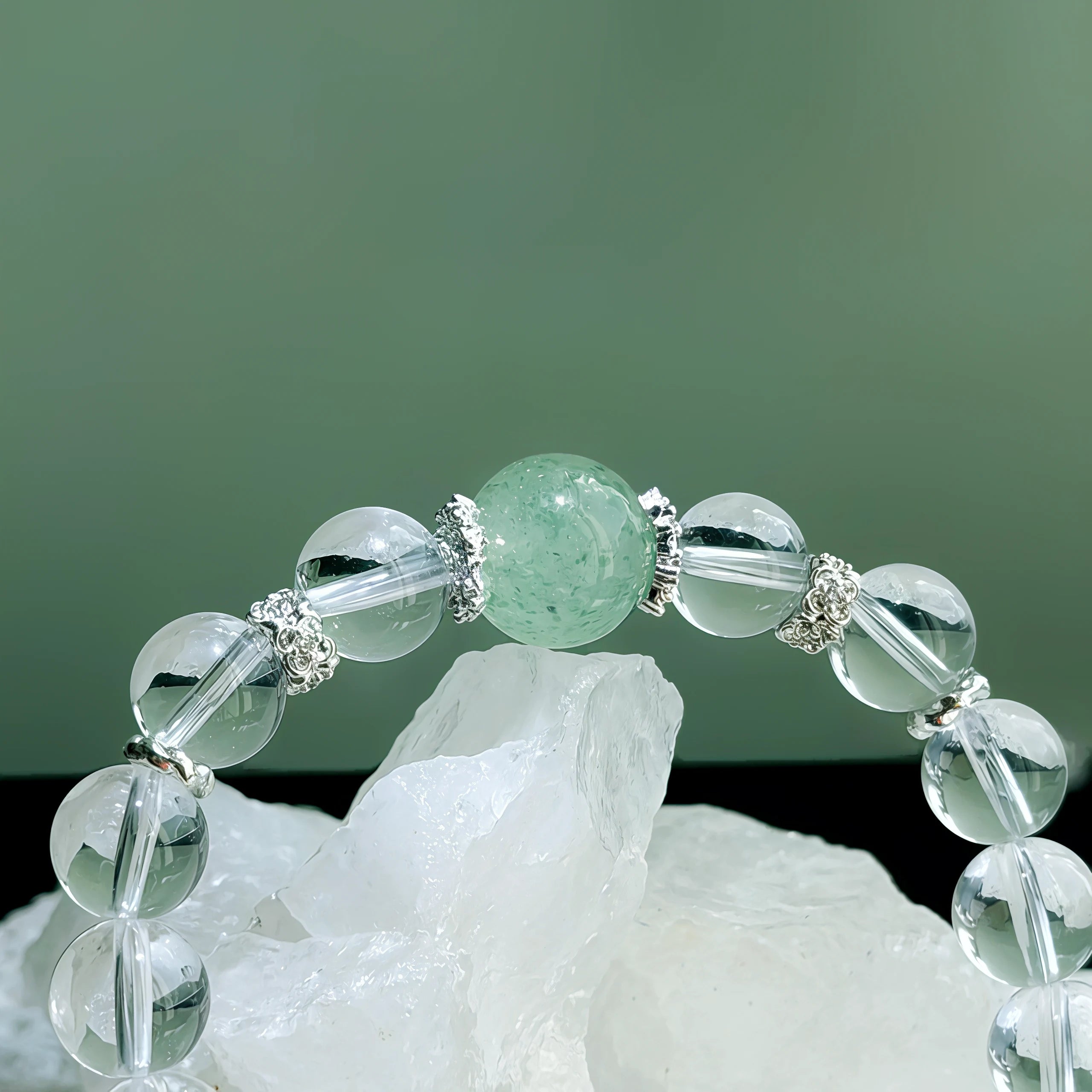 Green Strawberry Quartz & Clear Quartz Bracelet