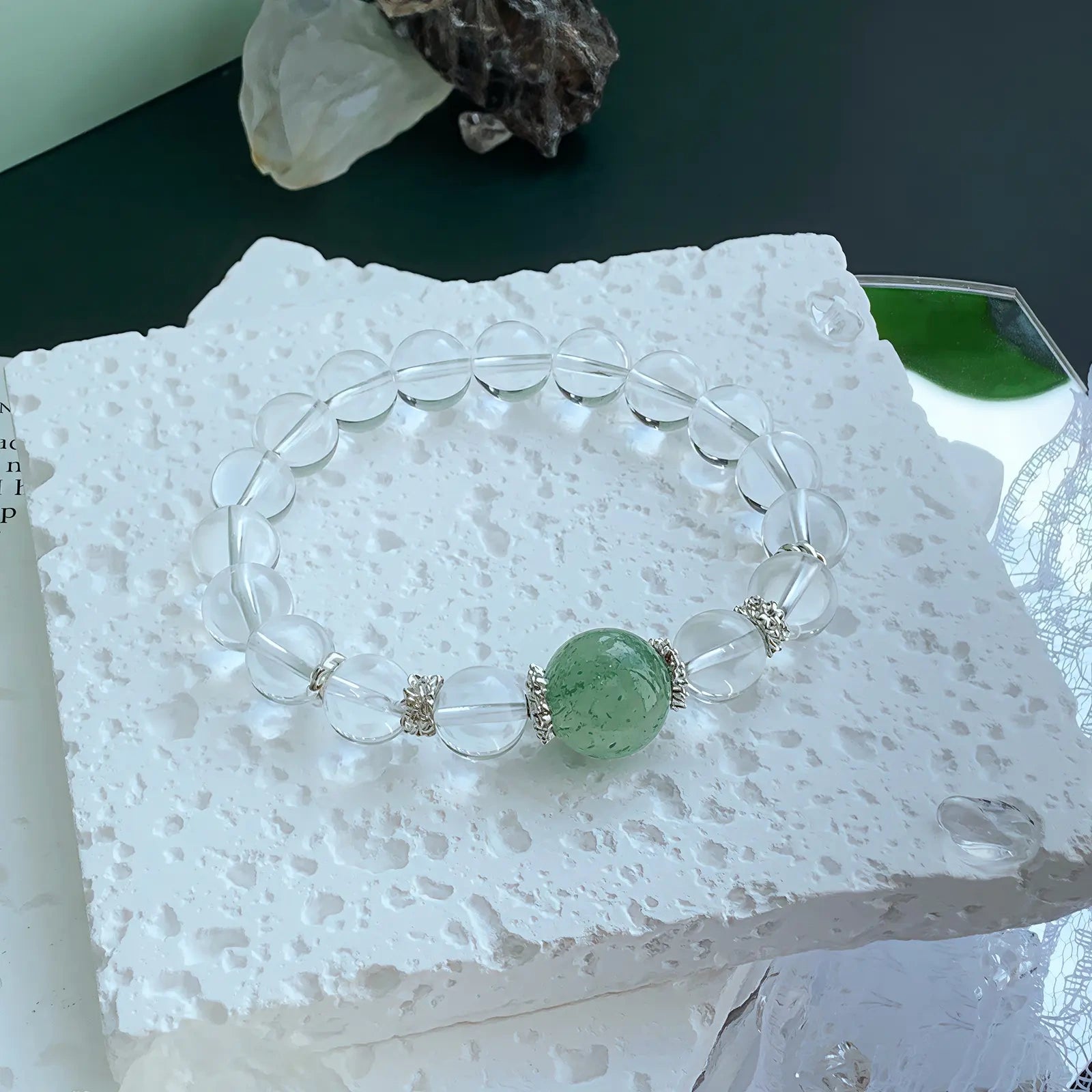 Green Strawberry Quartz & Clear Quartz Bracelet